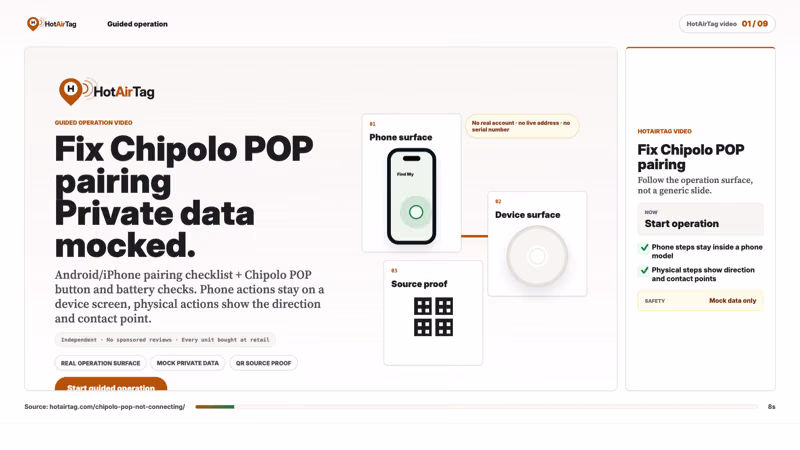 Watch: fix Chipolo POP pairing step by step on mocked screens.
