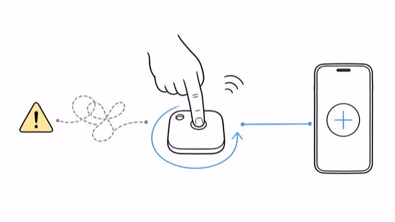 Pressing a Chipolo POP to factory reset it, clearing a half-finished pairing so it adds fresh