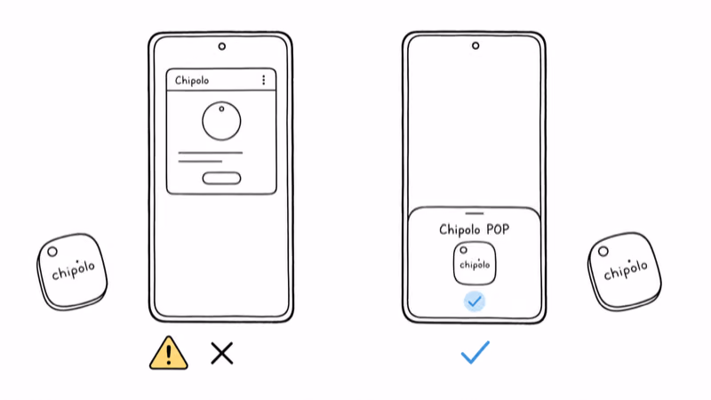 Two Android phones showing the Fast Pair popup only appears when the Chipolo app is fully closed