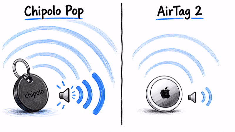 Notion hand-drawn comparison of Chipolo Pop and AirTag 2 showing relative Bluetooth range arcs and speaker loudness sound waves