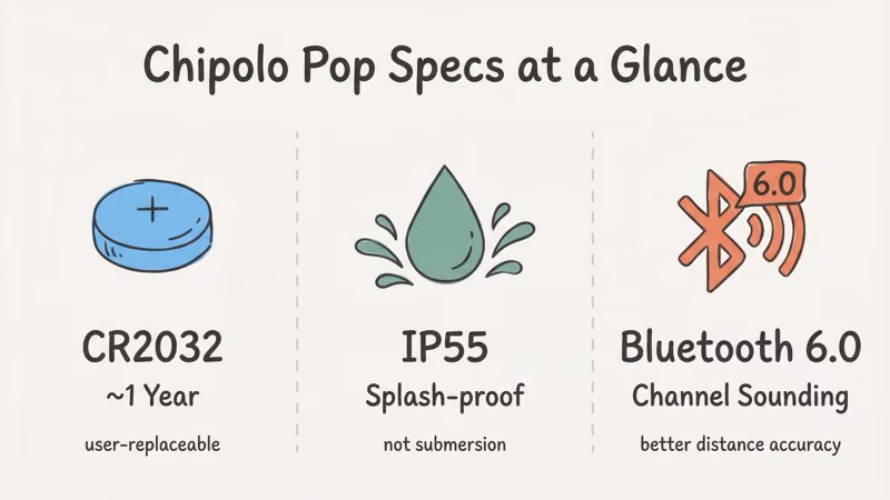 Chipolo Pop full specs card showing Bluetooth 6.0, 120dB speaker, IP55, and CR2032 battery