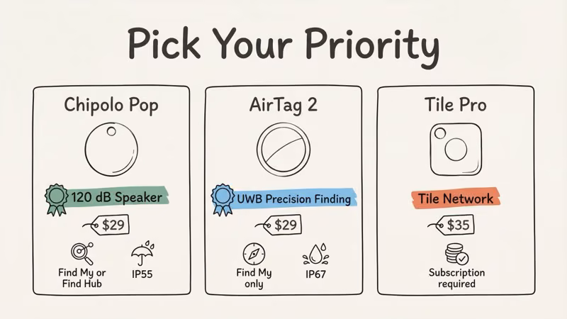 Three-way comparison of Chipolo Pop, AirTag 2, and Tile Pro showing key differences