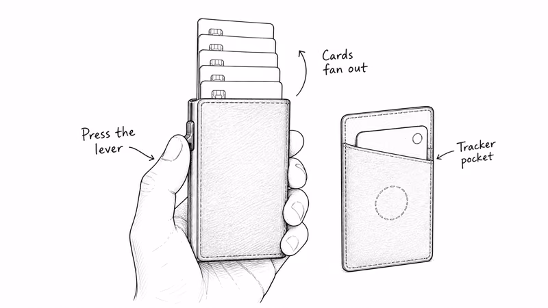 Hand pressing the Secrid lever fanning cards out of the leather Miniwallet