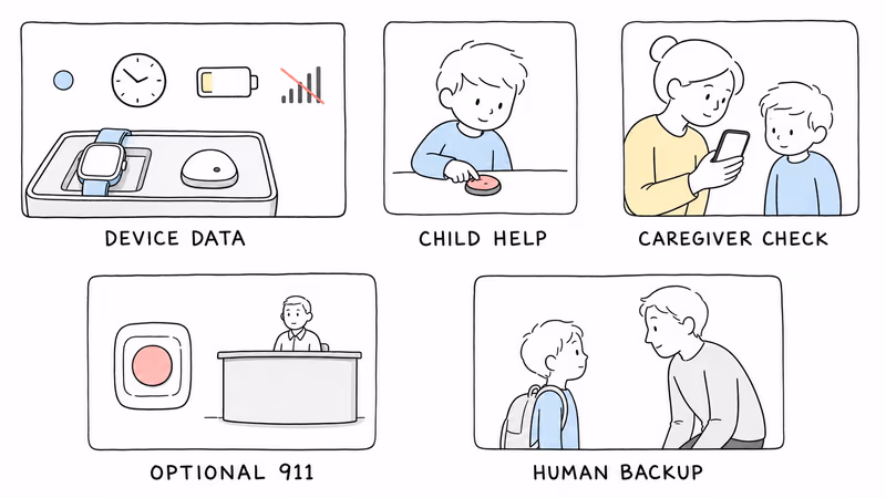 Notion-style illustration separating conditional device data, child help, caregiver checking, optional public emergency calling, and nearby responsible-adult action