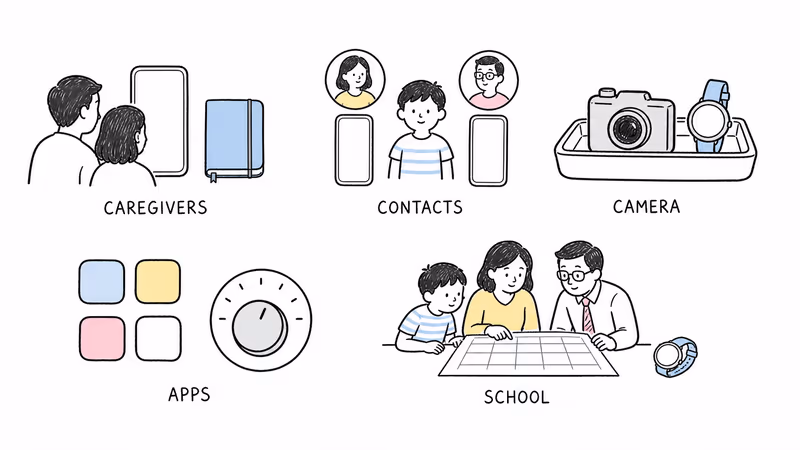 Notion-style illustration of minimum-access JrTrack caregiver roles, approved contacts, optional apps, camera boundaries, and school permission