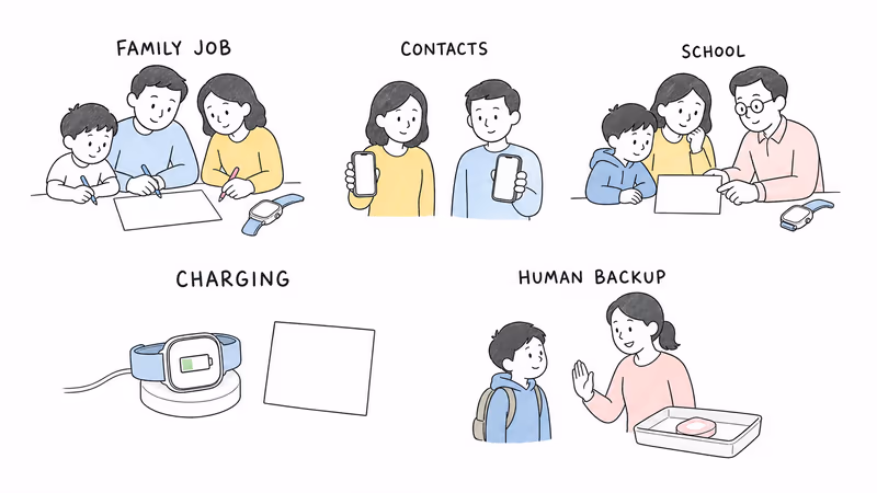 Notion-style family planning illustration defining a transparent JrTrack 5 communication job with child participation, approved contacts, school permission, charging, and human fallback