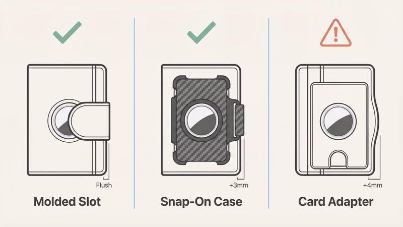 Three types of AirTag wallet integration: molded slot, snap-on case, and card-slot adapter