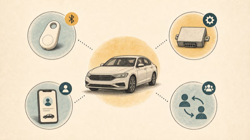 Wordless field-guide illustration separating Bluetooth tracker, installed vehicle device, connected-car account, and phone-account tracking paths
