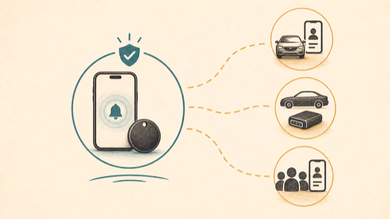 Wordless illustration showing that a phone alert covers a Bluetooth tracker while vehicle-account and installed-device paths remain separate