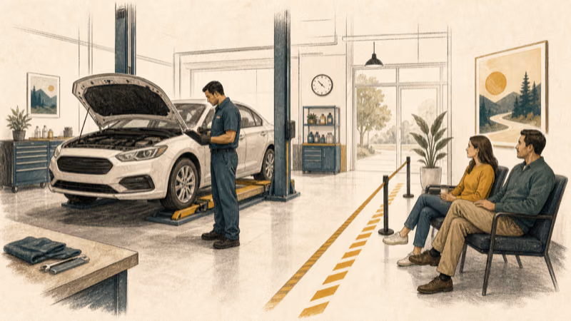 Wordless illustration of a driver standing clear while a trusted mechanic documents a vehicle inspection in a bright service bay
