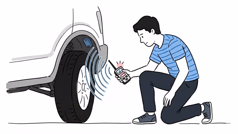 Hand-drawn illustration of an RF detector scanning under a car for hidden GPS trackers
