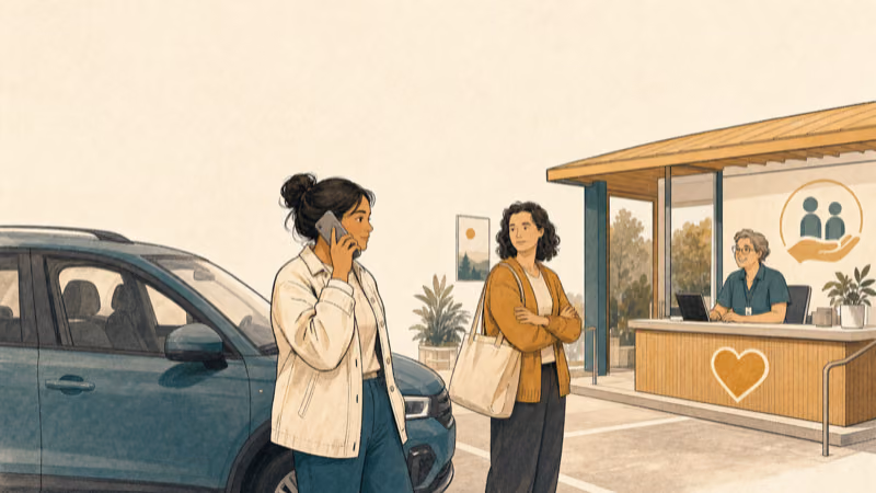 Wordless illustration of a driver at a staffed public location contacting a trusted advocate from a separate phone