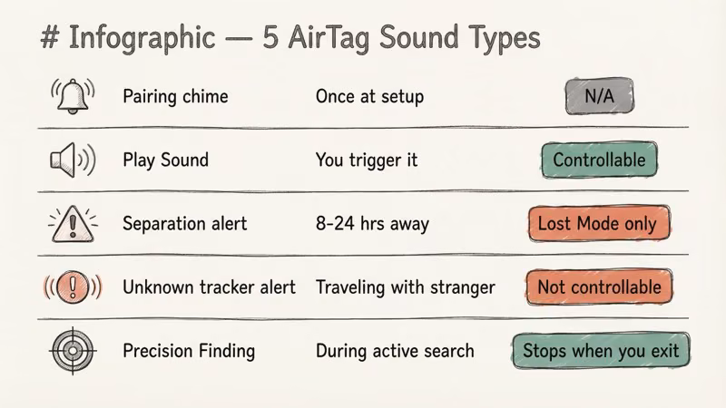 Overview of the five AirTag sound types and their trigger conditions