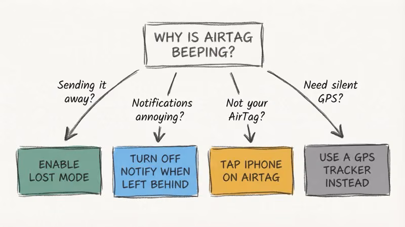 Decision tree for choosing the right fix when your AirTag is beeping
