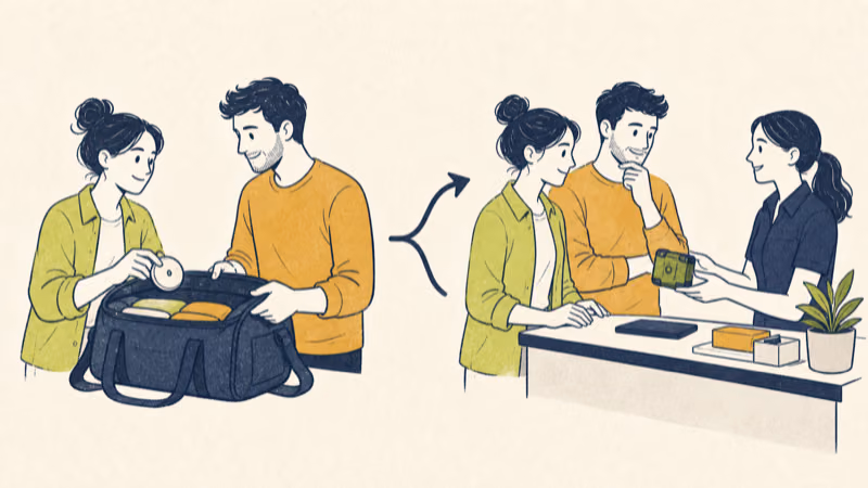 Wordless illustration showing disclosed AirTag use for belongings and a separate alternative-device path when silence is required