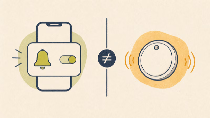 Wordless illustration separating an iPhone notification control from the independent AirTag safety speaker