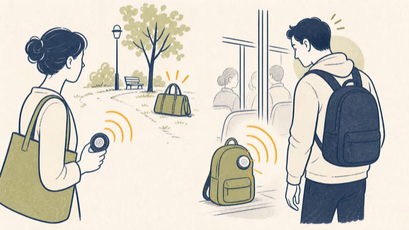 Wordless illustration showing an AirTag speaker supporting owner finding and nearby unwanted-tracking awareness