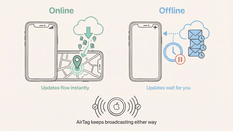 What happens to AirTag tracking when your iPhone goes offline versus online