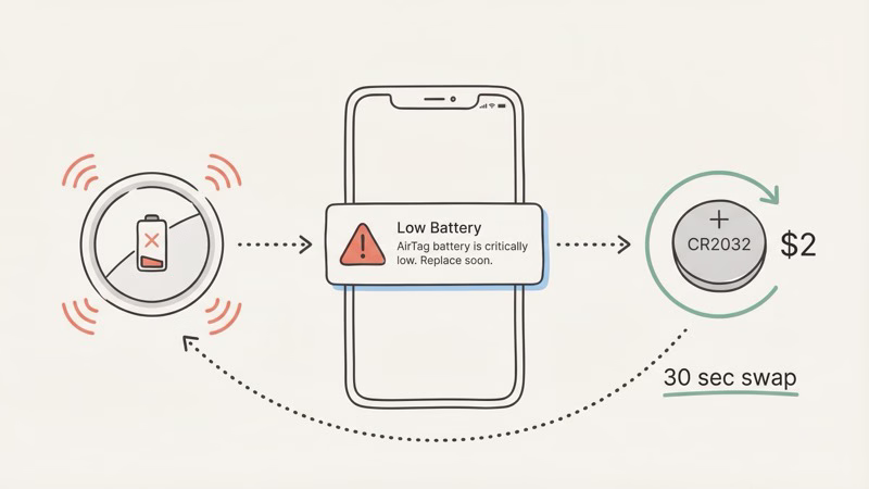 Low battery warning indicators in the Find My app for AirTag