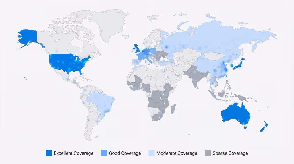 World map showing AirTag coverage quality by region based on iPhone density