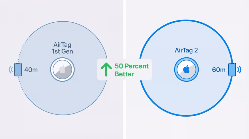 AirTag 1 versus AirTag 2 detection range comparison showing 40m vs 60m improvement