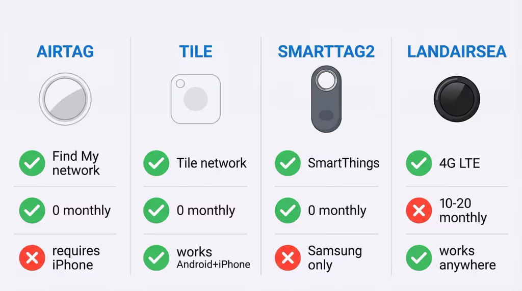 Alternative trackers for low iPhone density regions including Tile, SmartTag, and GPS options