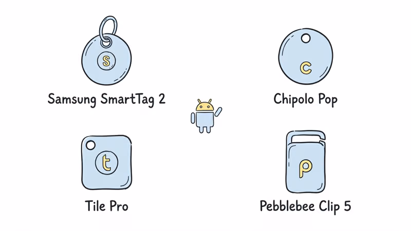 Four cross-platform Bluetooth tracker alternatives for Android users: SmartTag 2, Chipolo Pop, Tile Pro, and Pebblebee Clip 5