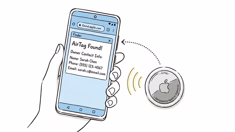 Android phone tapping AirTag via NFC to display owner contact information in a browser prompt