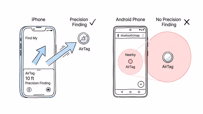 iPhone showing Precision Finding directional arrows and distance readout compared to Android phone without the feature