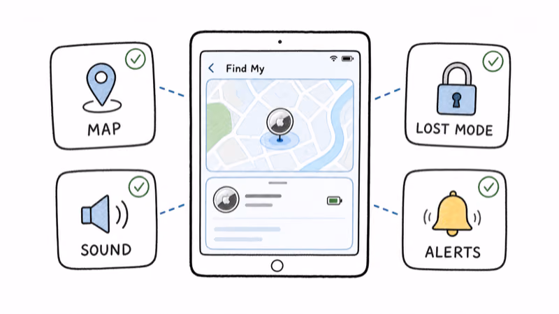 AirTag features available on iPad: map location, Play Sound, Lost Mode and alerts
