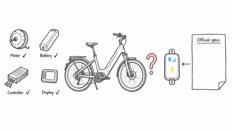 E-bike components beside an optional GPS tracker and model specification