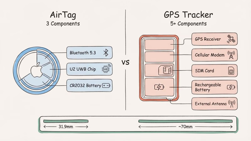 Internal components of an AirTag showing Bluetooth and UWB chips with no GPS hardware