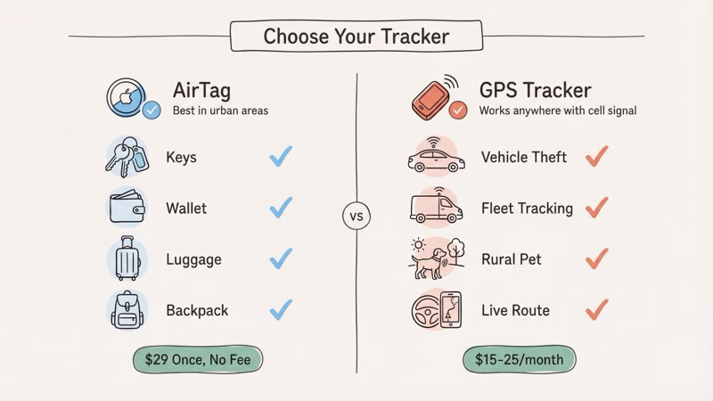 Decision guide for choosing between AirTag and GPS tracker based on your tracking needs