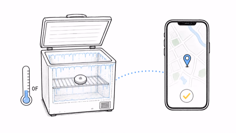 AirTag inside a freezer showing sub-zero temperature and a working Find My location update