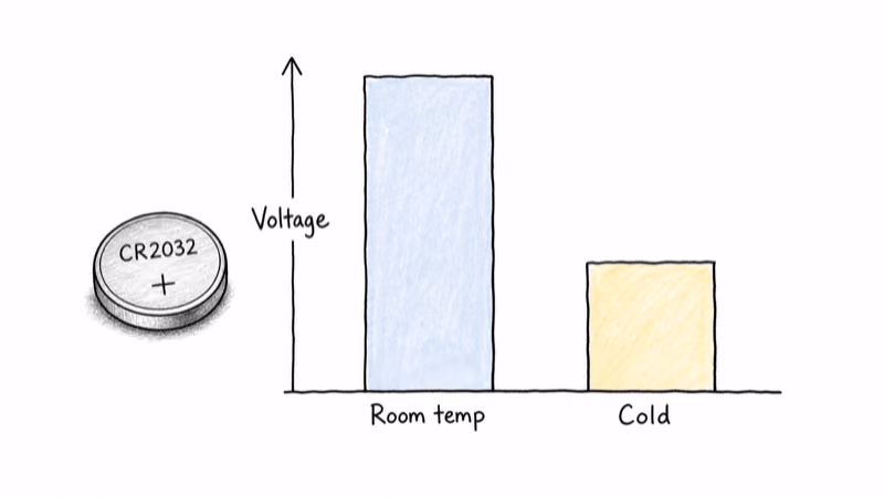 Chart comparing CR2032 battery voltage output at room temperature versus sub-zero cold
