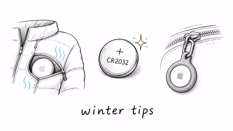 Illustration of winter AirTag placement tips including insulated pocket and fresh battery