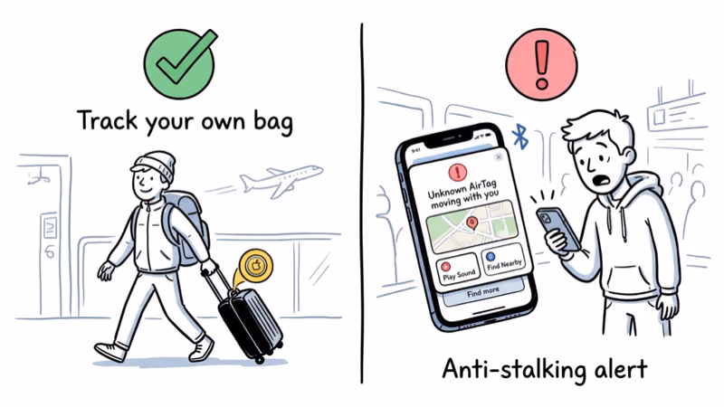 Hand-drawn two-panel diagram of legal personal-property tracking vs GDPR-protected anti-stalking alerts