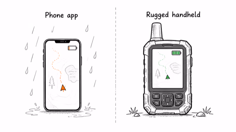 Phone app in the rain with low battery beside a rugged GPS handheld with full battery