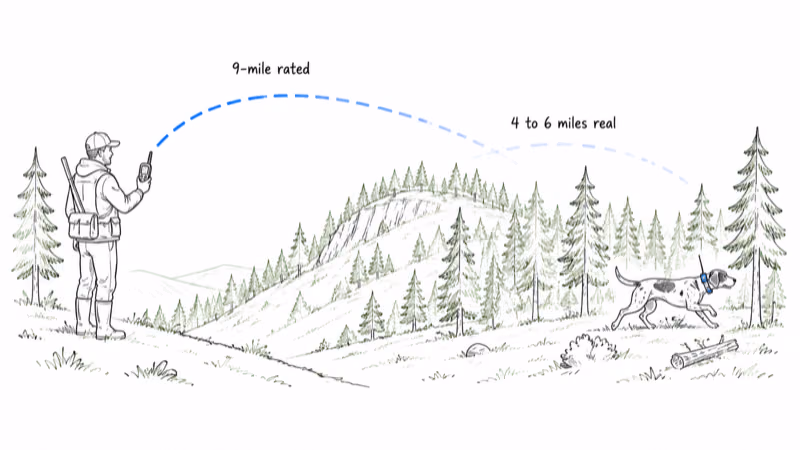 Hunter tracking a running dog across timber and a ridge as the 9-mile signal fades to 4 to 6 miles