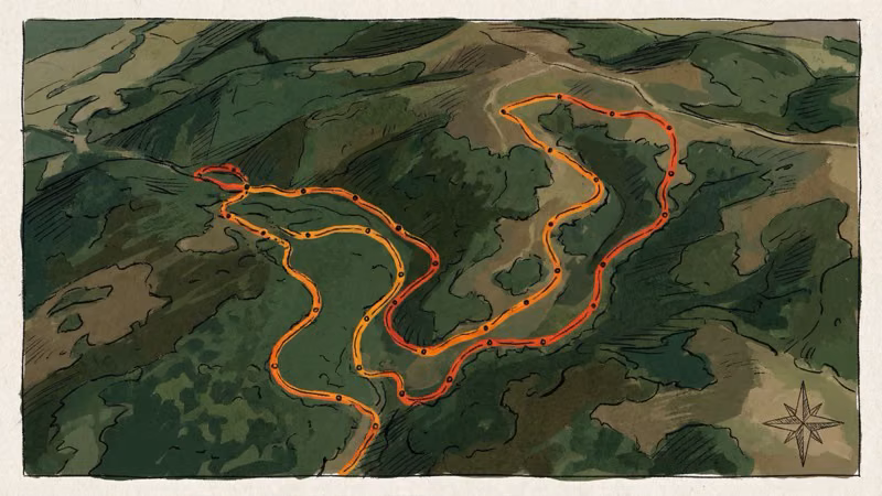 Satellite view illustration of rolling hills with colored GPS dog tracking trails winding through forest terrain