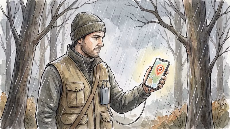 Illustration of a hunter in the woods checking a glowing smartphone with a dog tracking map during light rain, battery pack clipped to vest