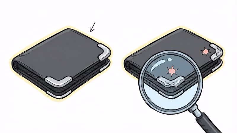 EDGE AirTag wallet durability test showing aluminum corner denting after drop impact