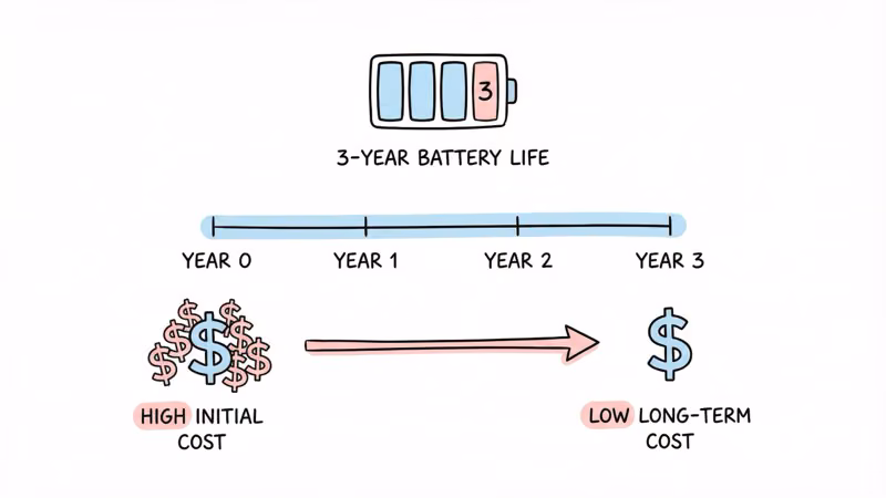 Three year battery life timeline showing low long-term cost of Ekster Tracker Card