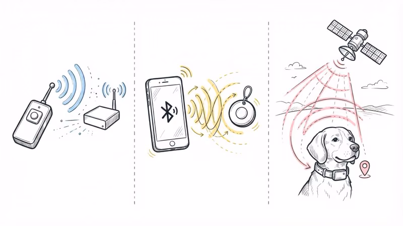 Technology comparison of RF, Bluetooth, and GPS tracking showing range and feature differences