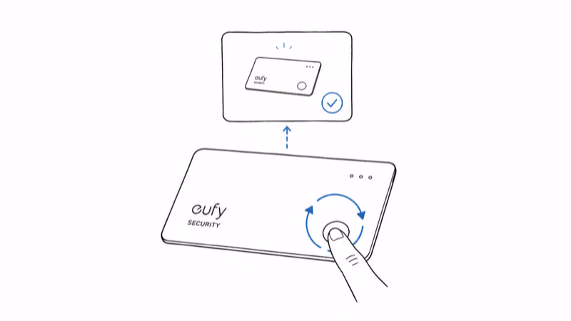 Finger holding the eufy E40 button to factory reset the card and re-add it from scratch in a fresh setup popup