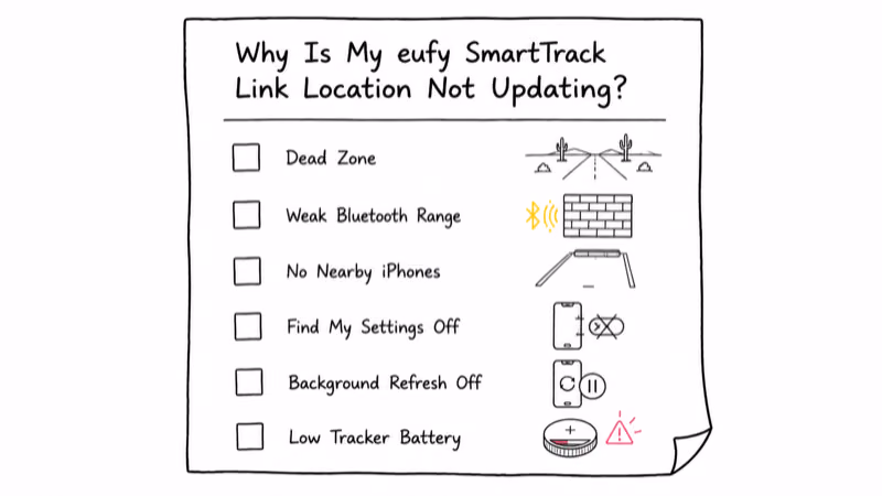 Checklist of the six common causes behind a eufy SmartTrack Link location that won't update