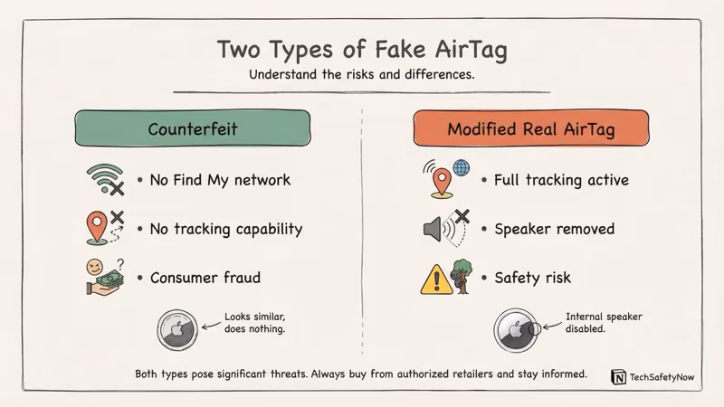 Two types of fake AirTags: cheap counterfeits that do nothing and modified real AirTags with disabled speakers