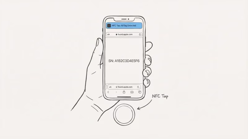 NFC tap test showing iPhone scanning an AirTag and opening found.apple.com with serial number