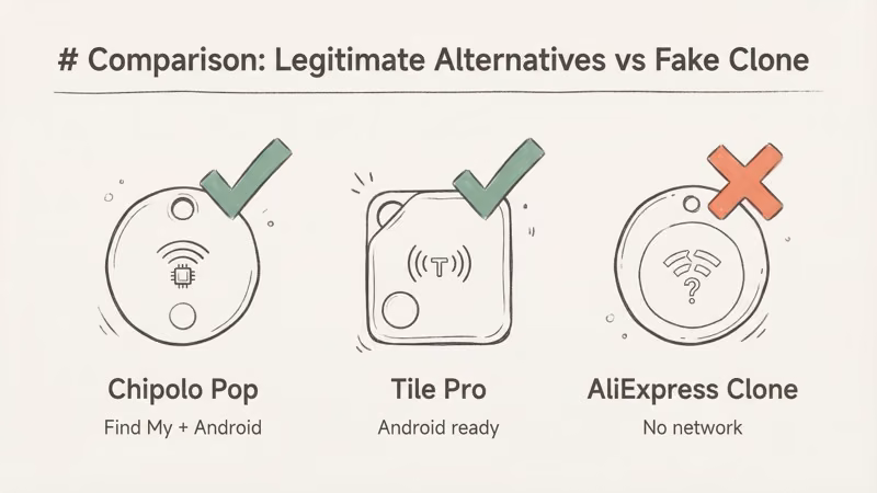 Legitimate AirTag alternatives including Chipolo Pop and Tile Pro with real network connectivity