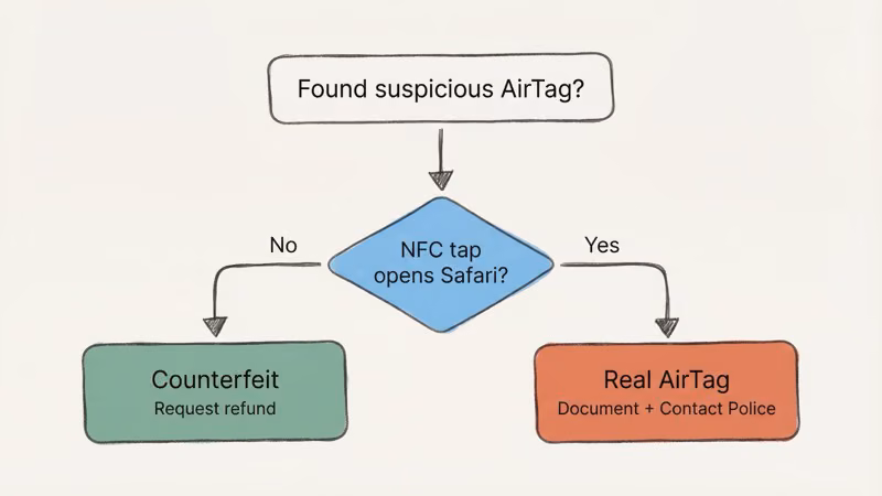 Flowchart for what to do when you find a suspicious AirTag: NFC test, document, and report